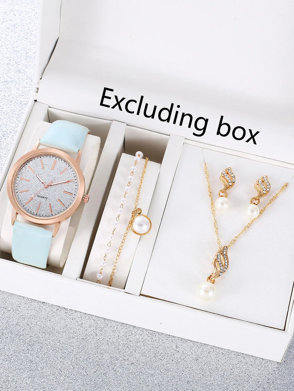 5Pcs Women Watch Jewelry Set, Glitter Dial Black Leather Quartz Watch + Pearl Inlaid Necklace Earrings Bracelet Gift Kit Qme