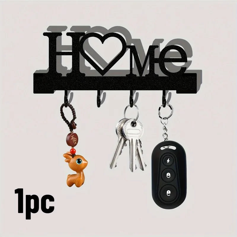 1pc Home Love Shaped Keychain Wall-Mounted Entry Organizer with Hooks, No Drilling Required, Suitable for Living Room Home Decor Qme Black