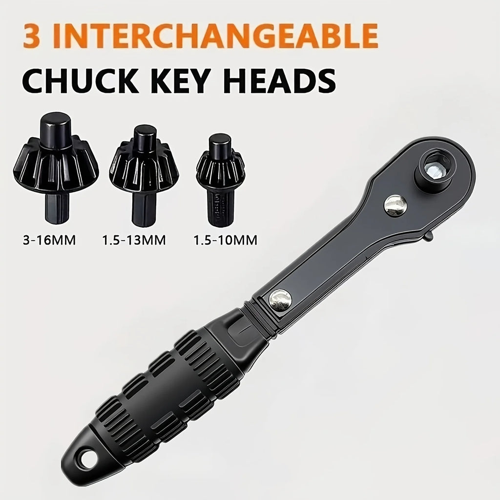 3-In-1 ratchet drill chuck wrench set with replaceable head, three-speed fast ratchet, forward and reverse function and anti-ski Qme