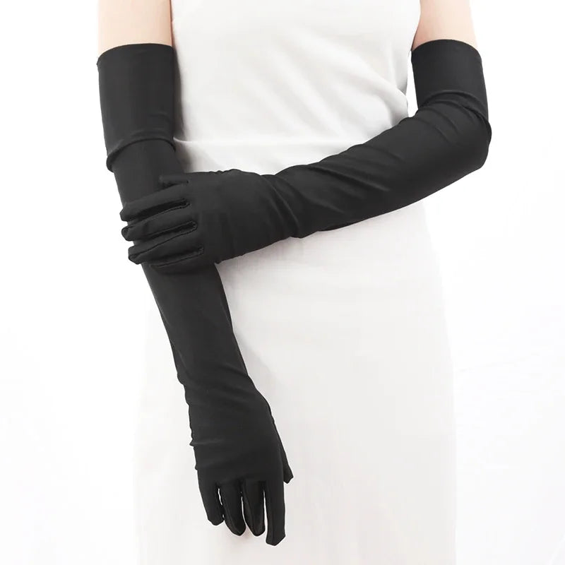 Women's Mittens Long Gloves Classic Adult Black White Red Opera Elbow Qme black length 52cm