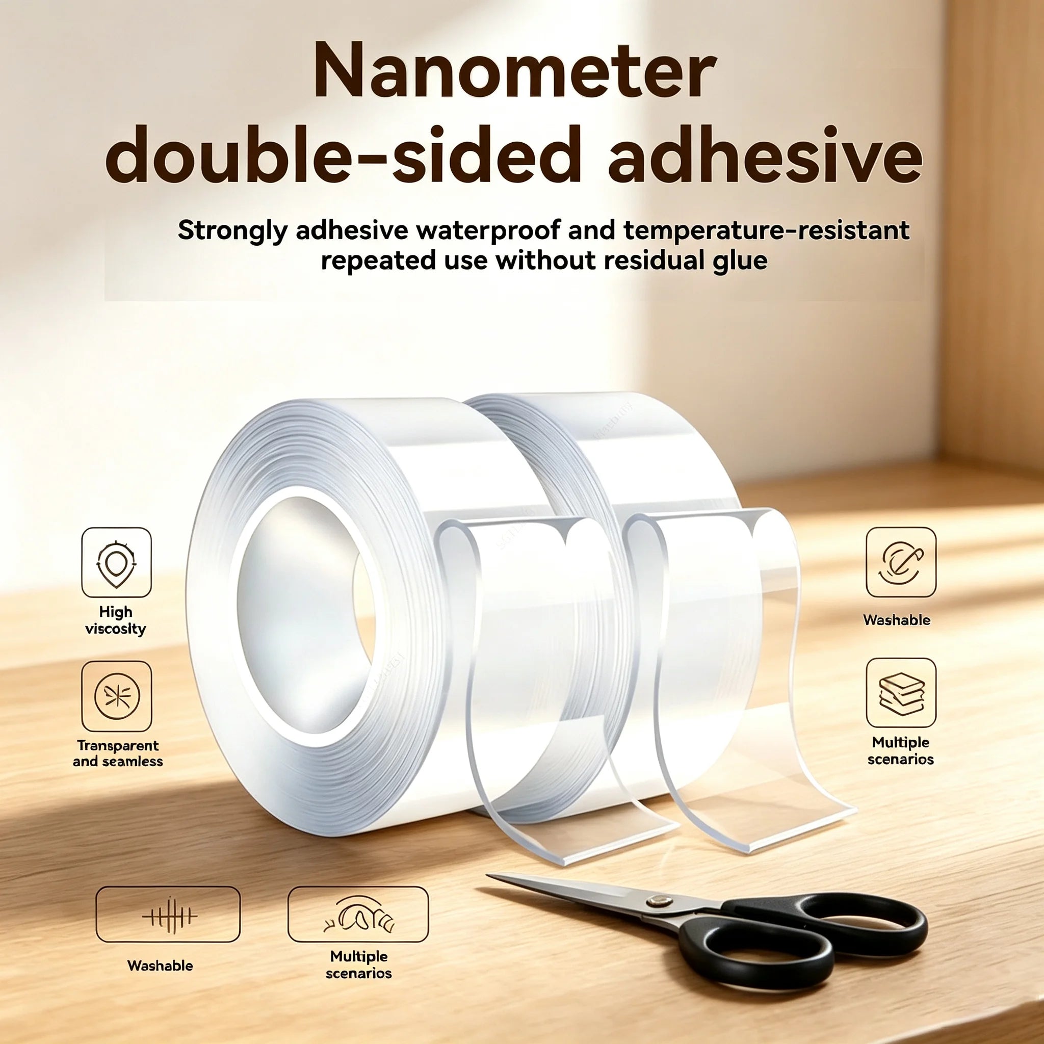 1m 2m 5m Nano Tape Double Sided Tape Transparent Reusable Waterproof Adhesive Strong Tapes Cleanable Kitchen Bathroom Supplie Qme