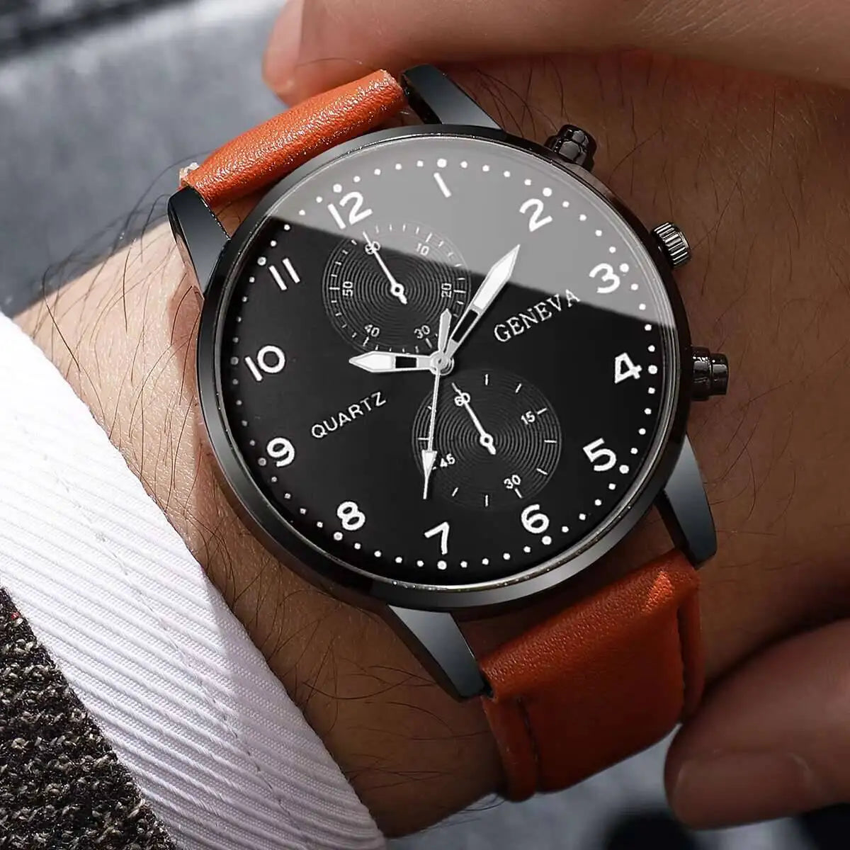 2PCS Three eye business casual trendy belt quartz watch high-end atmospheric watch large dial light luxury Qme