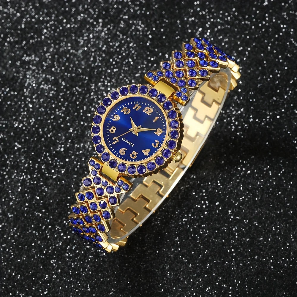 A fashionable women's quartz watch set, consisting of a 6-piece alloy round case timetable, earrings, necklace, and ring set, Qme