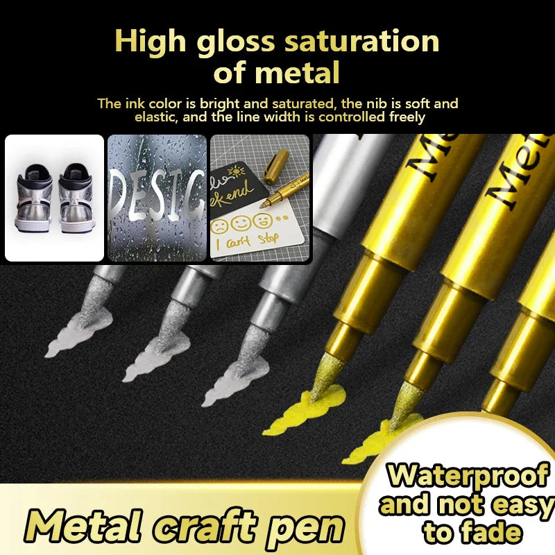 Gold Silver Metallic Marker Pen Waterproof Permanent Paint Marker Pen for Rock, Mug, Ceramic, Glass DIY Painting Supplies Qme