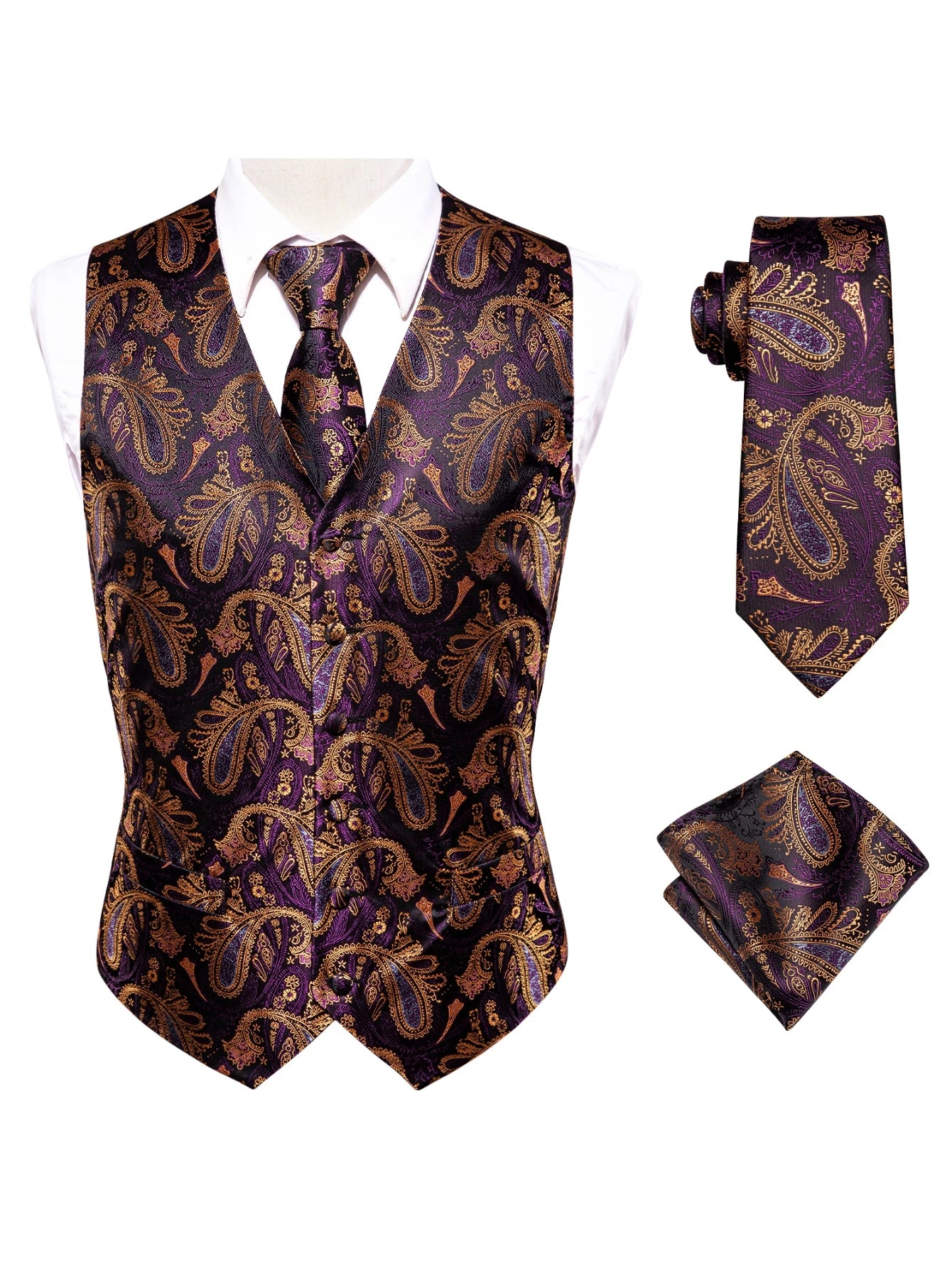 Purple Men Vest Three-Piece Suit Set, Dress Waistcoat with Tie and Pocket Square for Party Ceremony Qme MJ-0016 XXXL