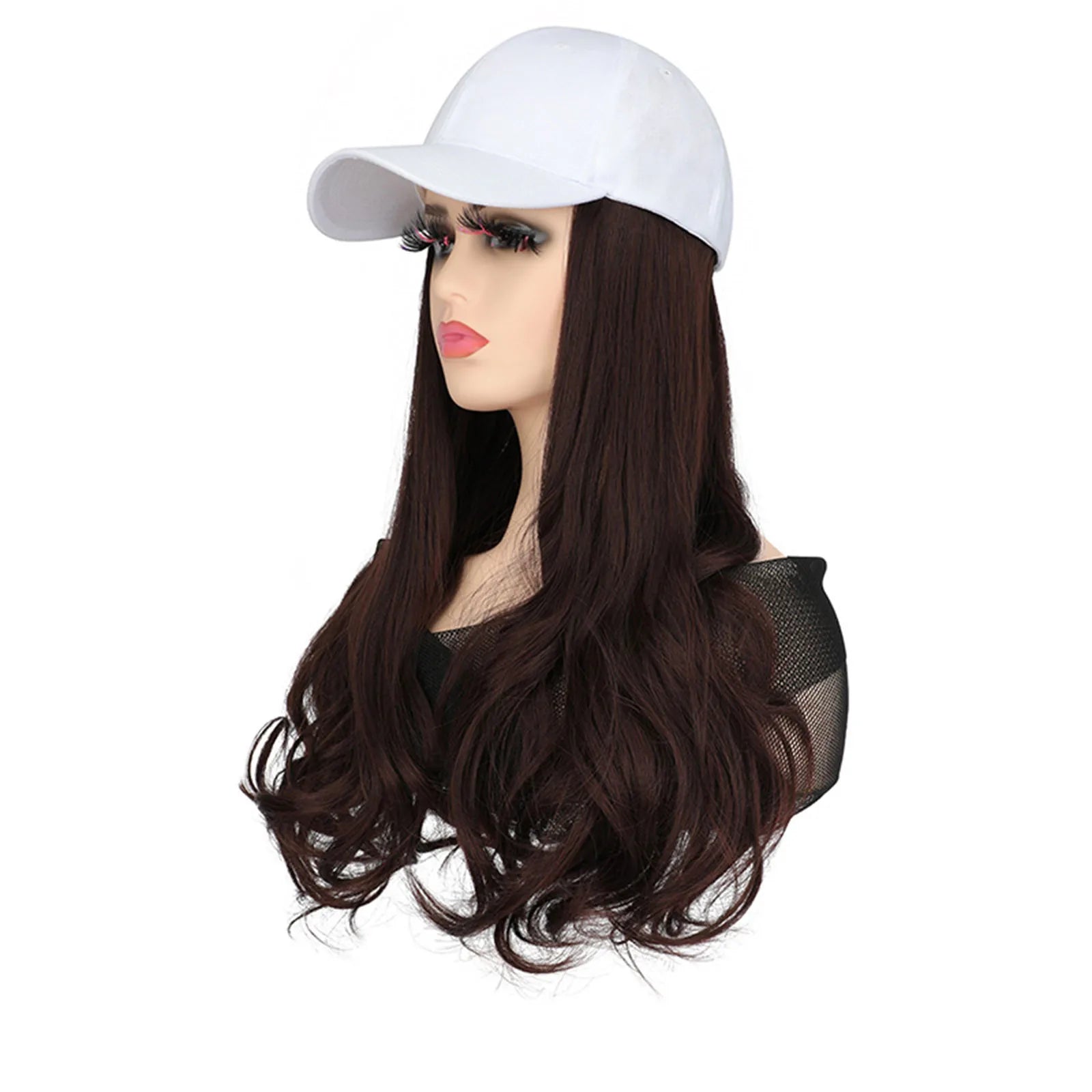 Baseball Cap With Hair Extensions Long Curly Hairstyle Adjustable Removable Black Wig Hat 17.7inch For Woman Girl Qme D
