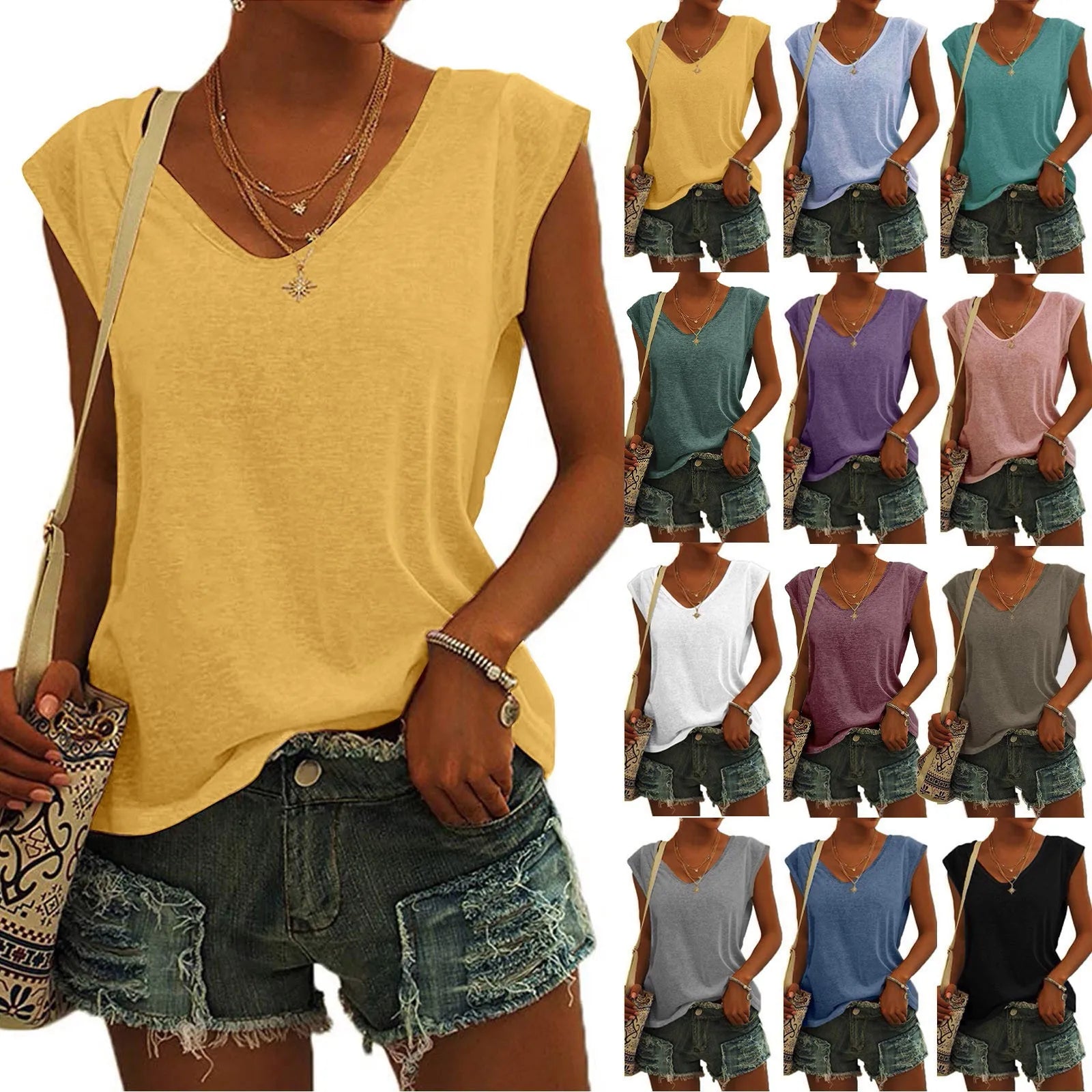 Women's Solid Color Minimalist Fashionable V-Neck Sleeveless T-Shirt Casual And Versatile Loose Summer Basics Street Tank Tops Qme