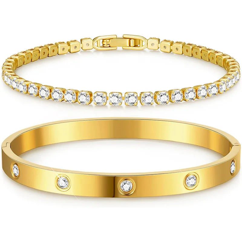 2PCS Colorful Shiny Zircon Stacked Bracelet Bangles High Quality Gold-plated Stainless Steel Jewelry Bracelet Bangles Set Gift Qme 4mm Gold Stainless