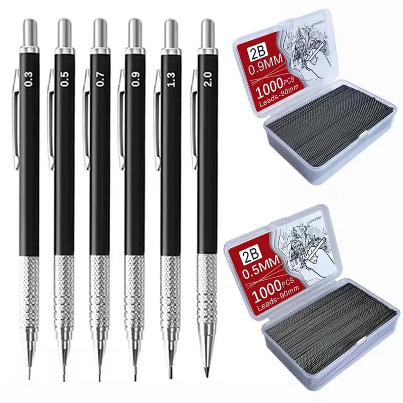 Metal Mechanical Pencil Large capacity Lead And Refills Set 0.3, 0.5, 0.7, 0.9 2.0 Mechanical Pencils for Drawing Sketching Qme