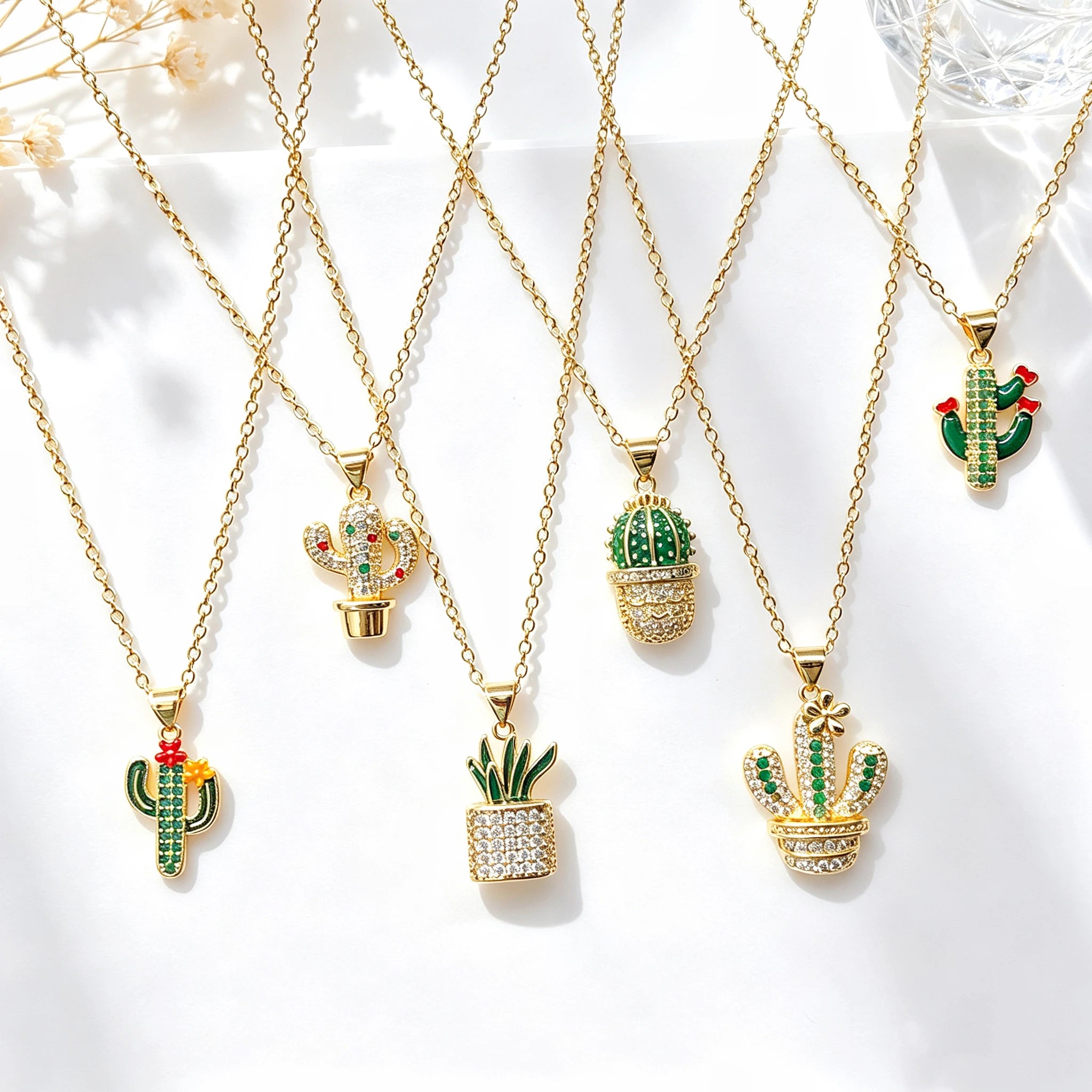 Gold Plated Multicolor Zircon Enamel Art Cactus Pendant Necklace Bohemian Floral Jewelry For Women Casual Vacations Gift New Qme