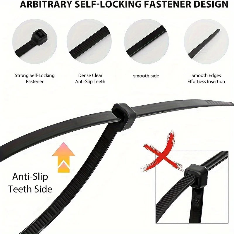 200/100PCS Black Cable Ties High Tensile Strength, UV Resistant, Self-Locking For Home & Office Cord Management Qme