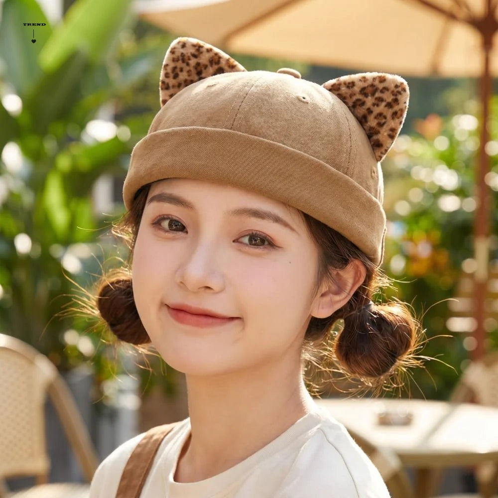 Simple Cute Cat Ears Brimless Hat Sweet Breathable Dome Melon Cap Qme