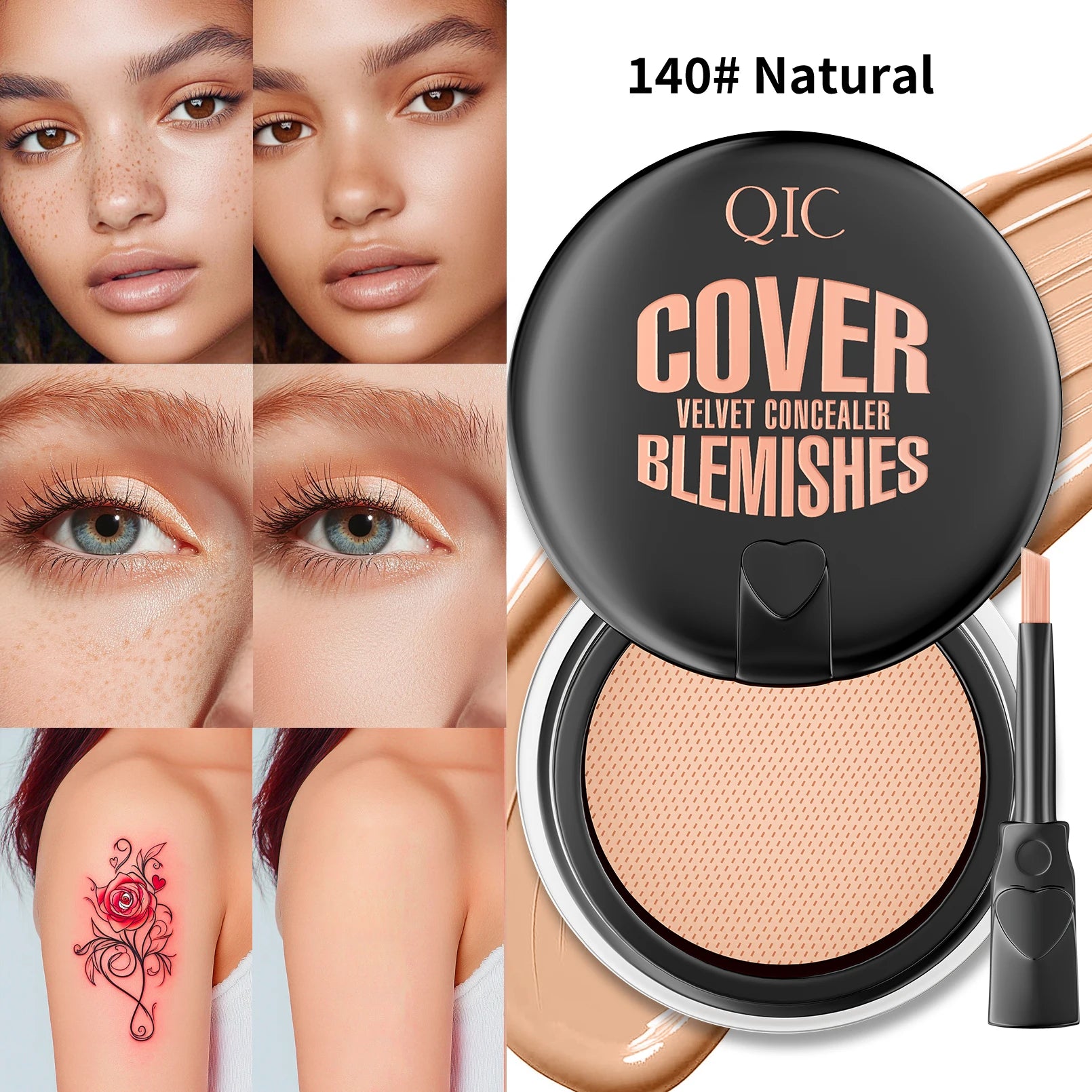 QIC Waterproof & Sweatproof Concealer Cream - Tattoo coverage, Long-Lasting Foundation, Natural,Full coverage, All Skin Types Qme Q528-140