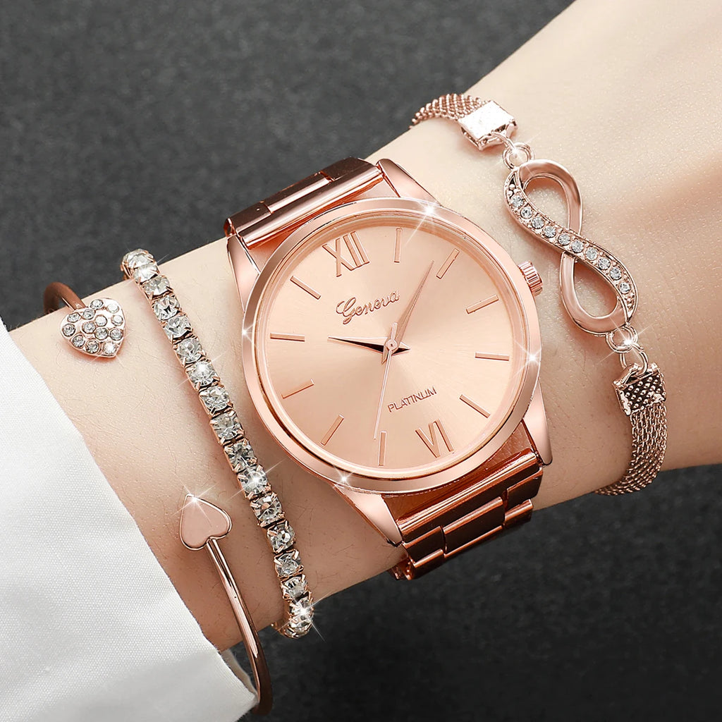 Elegant Sparkling Rhinestone Women Gift Set, GENEVA Gold Tone Chronograph Watch Matching Diamond Heart Infinity Jewelry Bracelet Qme
