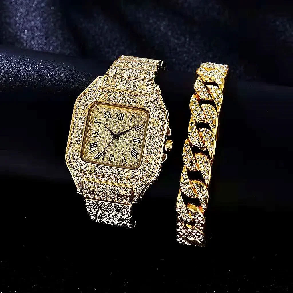 Men's Rhinestone Square Big Dial Hip Hop Watch + Rhinestone Chain Zinc Alloy Bracelet Set Qme Bronze