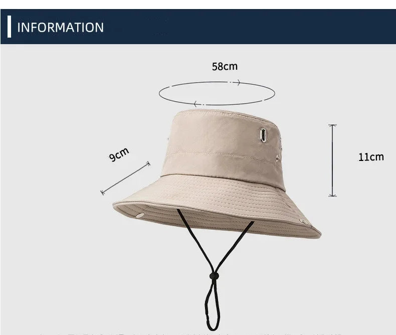 Windproof Men Outdoor Hat Wide Brim Flat Top Men Camping Hat Letter Print Anti-UV Strap Hollow Out Men Fisherman Hat Headwear Qme