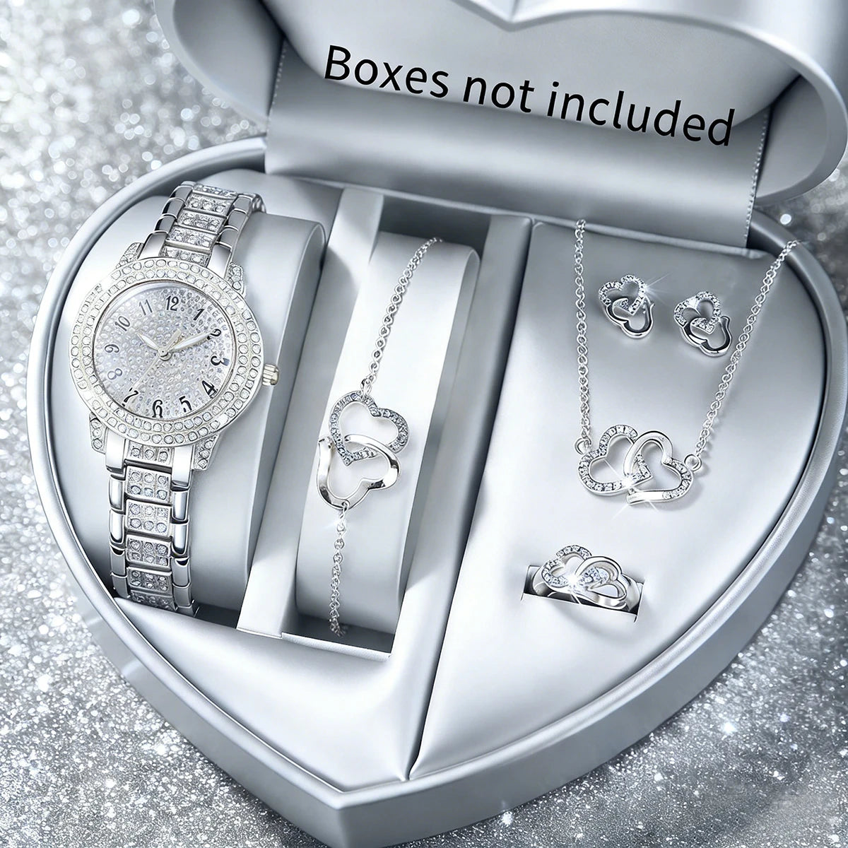 Luxury 5 In 1 Full Crystal Gold Watch Interlocking Heart Necklace Earrings Ring Bracelet Set Qme Silver C No Box