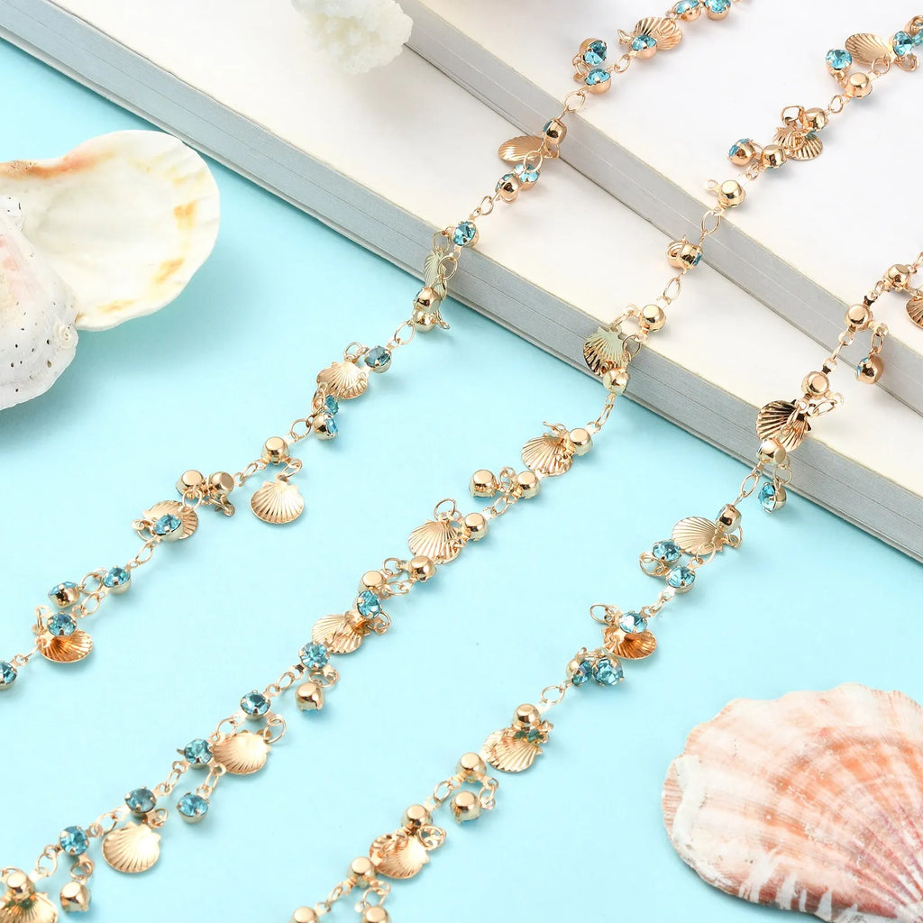 Pandahall 5m Golden Color Brass Jewelry Making Chain Dangle Sea Shell Rhinestone Charms with Spool for DIY Jewelry Supplies Qme