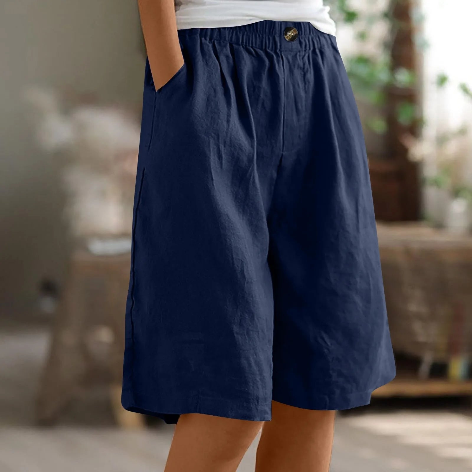 Female Fashion Solid Color Elastic High Waist Pocket Button Up Loose Cotton Linen Five Length Shorts Summer Soft Comfort Pants Qme Navy S