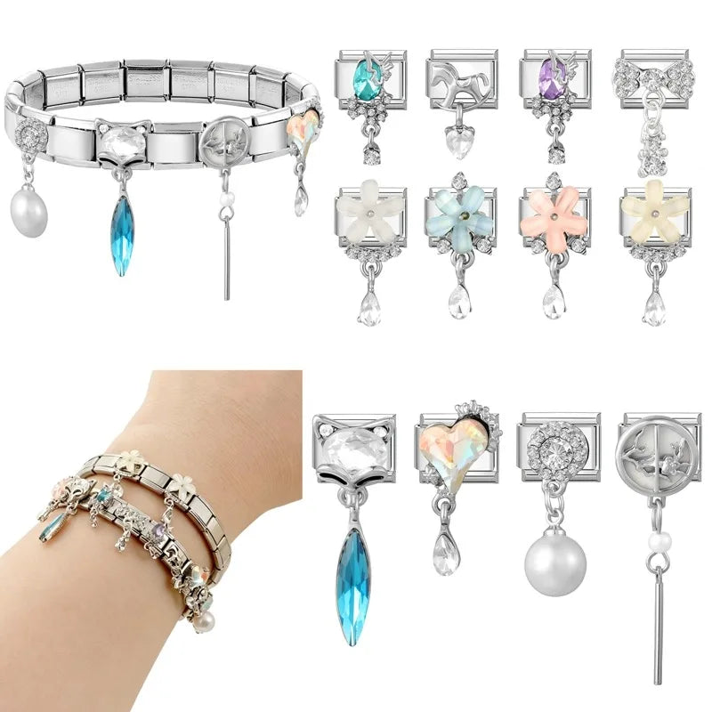 Shiny Round Pearl Zircon Flower Crystal Heart Italian Charm Links Fit 9mm Stainless Steel Bracelet Women Jewelry DIY Making Gift Qme