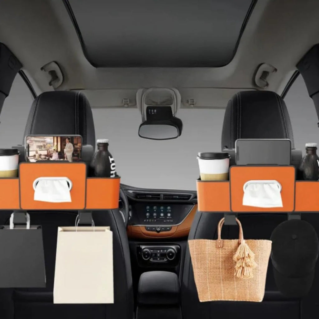 Car Storage Organizer Multifunctional Car Seat Back Storage Box with 2 Cup Holders, Tissue Box and Hook Suitable for Most Car Qme