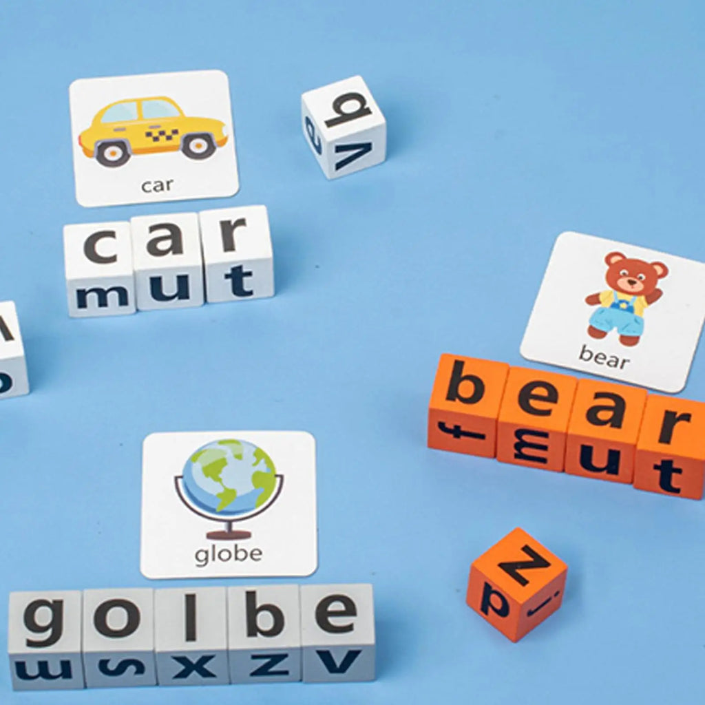 Wood Spelling Blocks Matching Letter Game with Flash Card Learning Toy with Bell Sight Words Recognition Game for Kids Ages3 4 5 Qme
