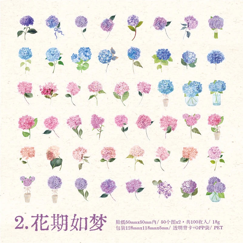 100pcs Flowers Sticker pack Rose Tulip Daisy Transparent Waterproof Plant hand account Decoration Scrapbooking Material Qme B