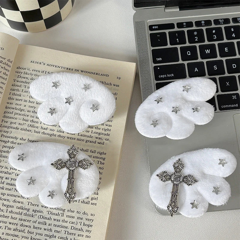 Cute White Angel Wings Gothic Cross Hair Clip Subculture Y2k Hairpin Qme