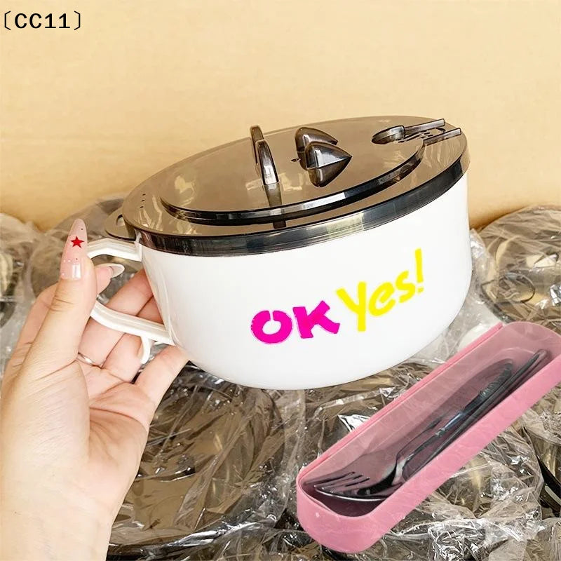 Stainless Steel Bowl Lid Instant Noodles Sealed Drain Kitchen Qme
