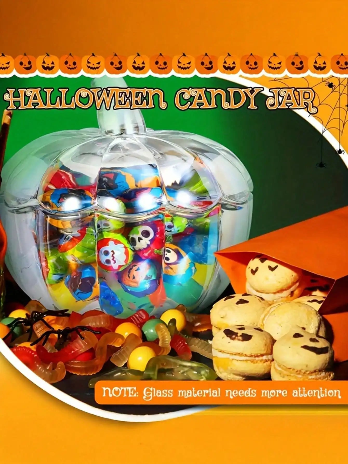 Halloween Pumpkin Candy Jar Lid Transparent Glass Food Container Qme