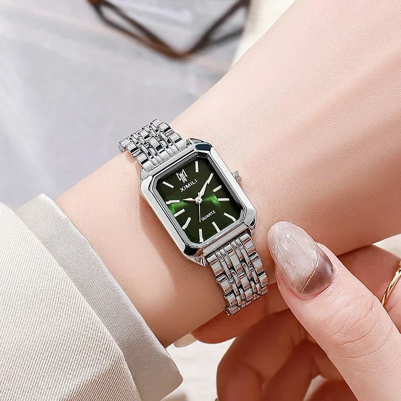 2024 marca quente pulseira de aço inoxidável relógio feminino presente luxo quartzo relógio de pulso estudante moda simples Qme silver-green