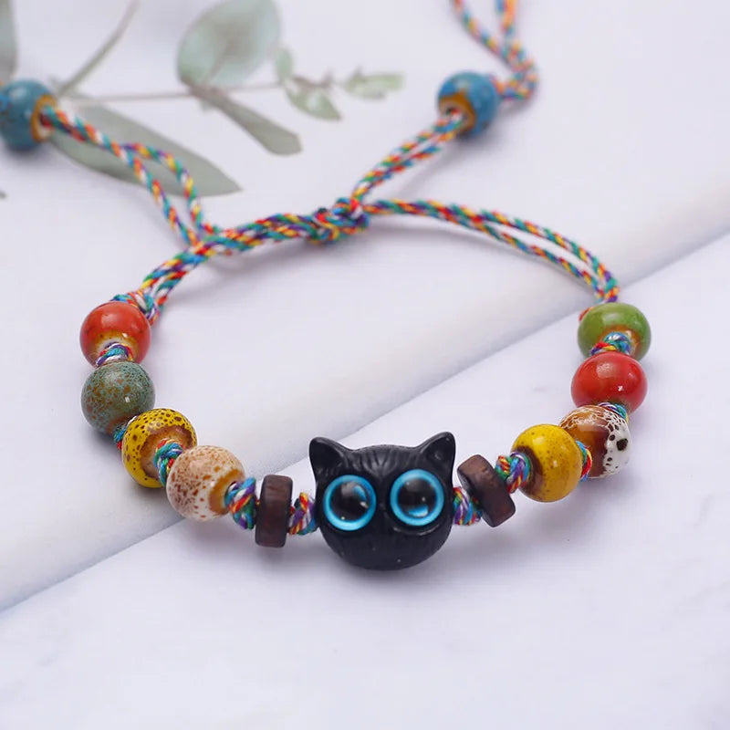 b84 Big Eyed Cat with Colorful Woven Drawstring Ceramic Bracelet Vintage Jingdezhen Handmade Bead String Jewelry Accessories Qme hei lan
