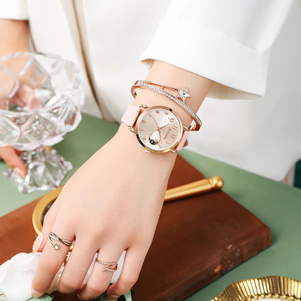 2PCS Fashion Moon Dial Women Quartz Watch Bracelet Set Casual Leather Strap Ladies Wristwatch Reloj Mujer（Without Box） Qme