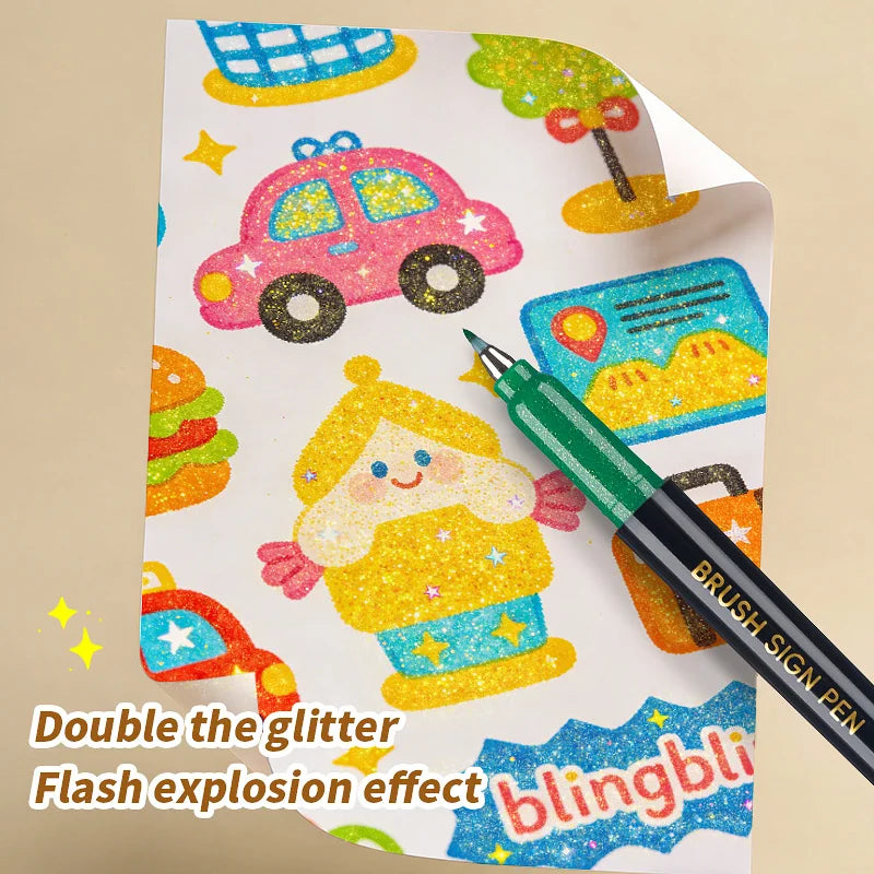 6Pcs Shiny Glitter Calligraphy Markers, Colorful Fluorescent Drawing Pens for DIY Painting Art Craft Stationery Supplies Qme