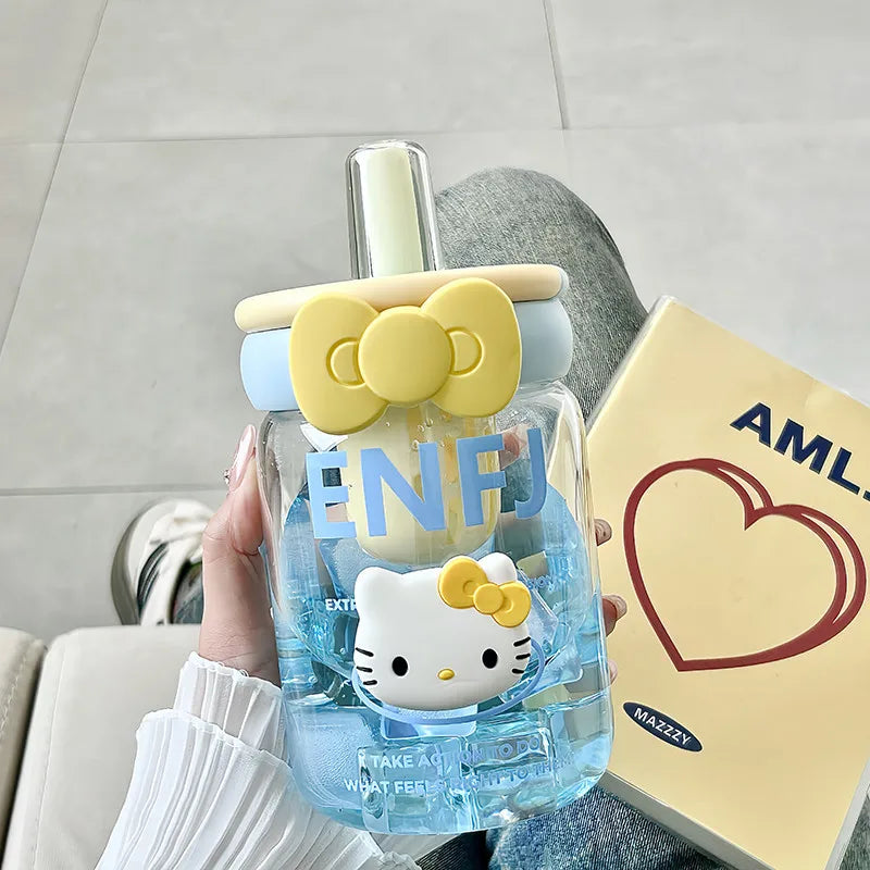 Cute, Stylish Hello Kitty Glass Cup Office Tea Cup for Women with Straw for Separating Tea and Water Heat-Resistant Coffee Cup Qme