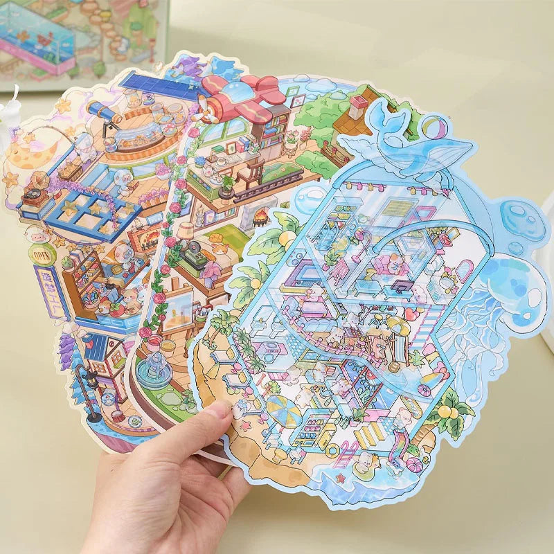 20pcs/bag Foggy Town Miniature Scenery Large-Size Sticker Book 6 Varieties for Endless Fun DIY 3D Scenes Kill Time with Brain-Te Qme