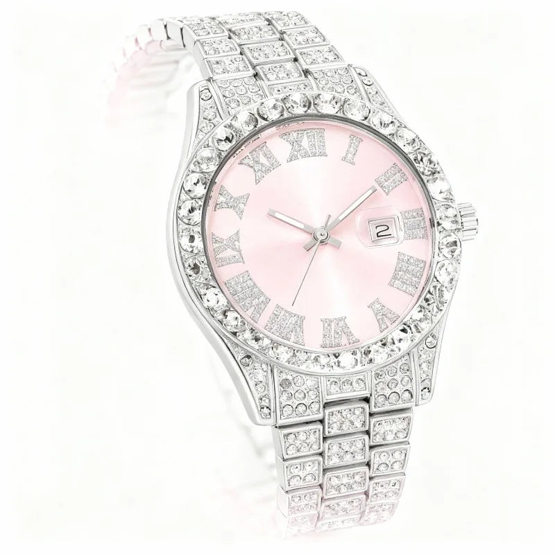 Gold Full Diamond Roman Dial Hip Hop Men Watch With Cross Necklace Bracelets Qme