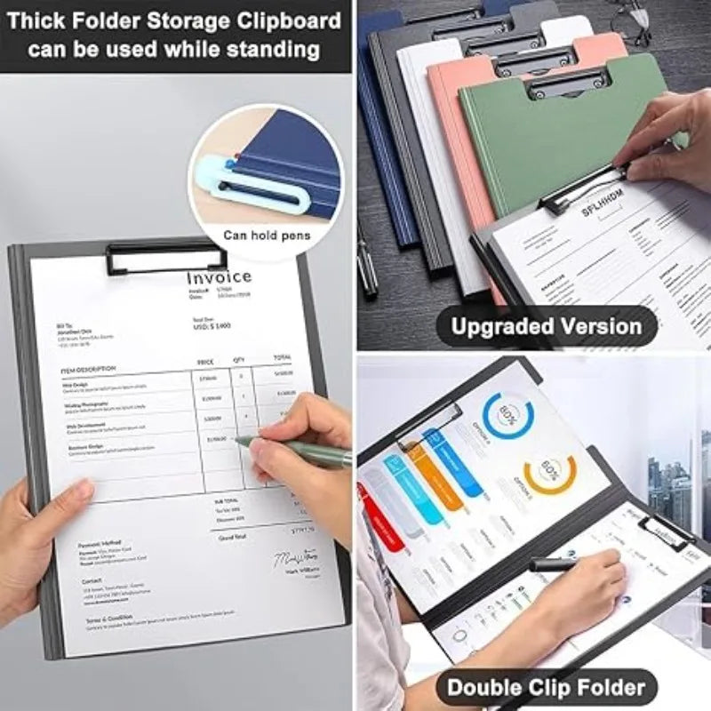 A4 Foldable Clipboard 360 Double Metal Clips Horizontal Vertical Pen Qme