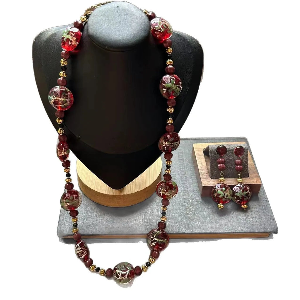 Vintage Flat Round Three-dimensional Red Green Flowers Glass Handmade Gold Foil Fashionable High-end Glass Bead Necklace Qme