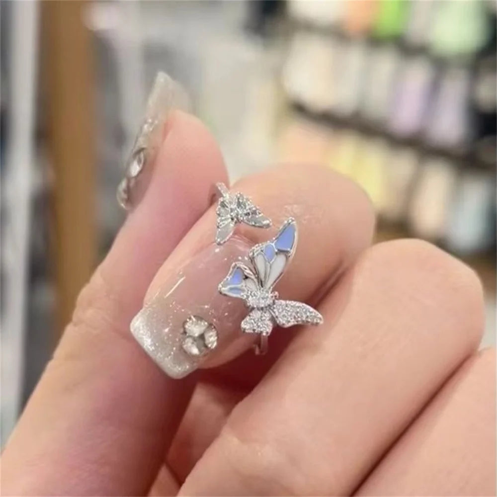 Blue Double Butterfly Open Ring with High Beauty New Vintage Light Luxury Fairy Style Versatile Finger Ring Qme