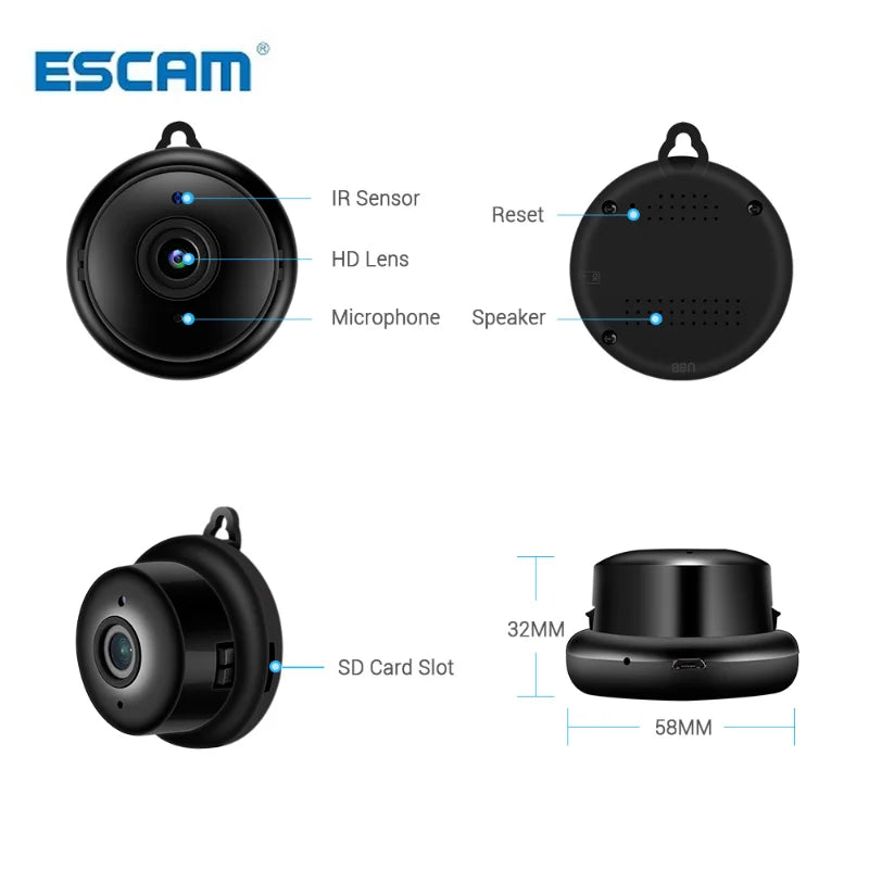 Escam V380 Mini Wifi IP Camera HD 1080P Wireless Indoor Camera Nightvision Two Way Audio Motion Detection Baby Monitor Camera Qme