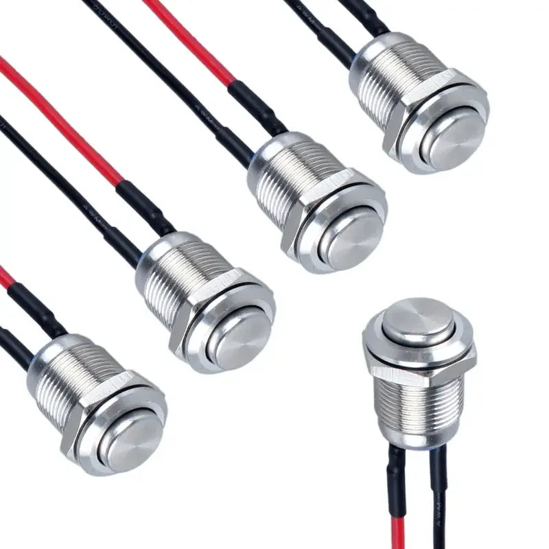 5Pcs 12mm Round Head Momentary Push Button Switch Stainless Normal Open With Pre-Welded Cable One On-Off Used For Auto And Boats Qme 5PCS