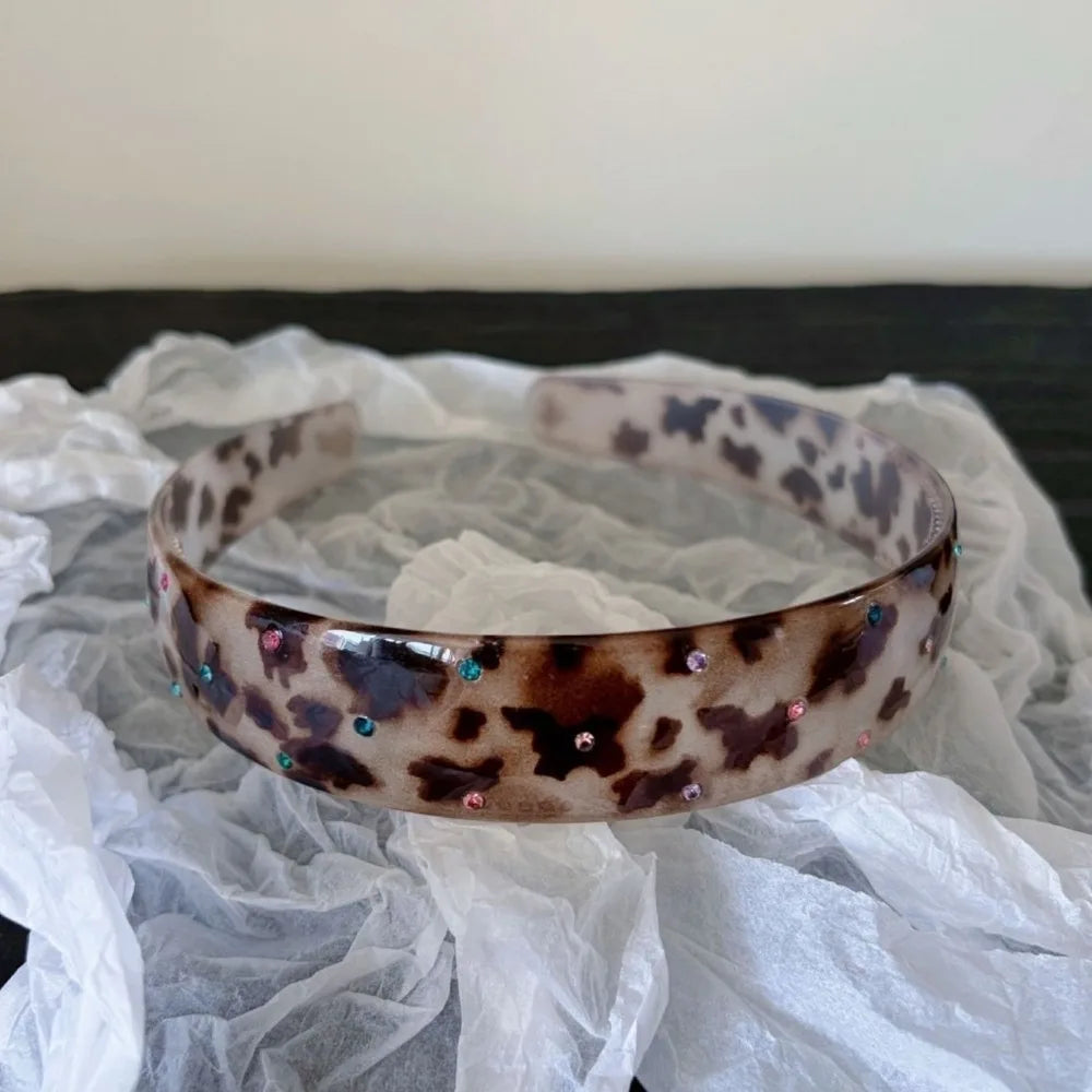Luxury Colorful Acrylic Rhinestone Headbands Leopard Print Non-slip Wide Hair Hoops Shiny Vintage Hair Accessories Daily Qme Hawksbill