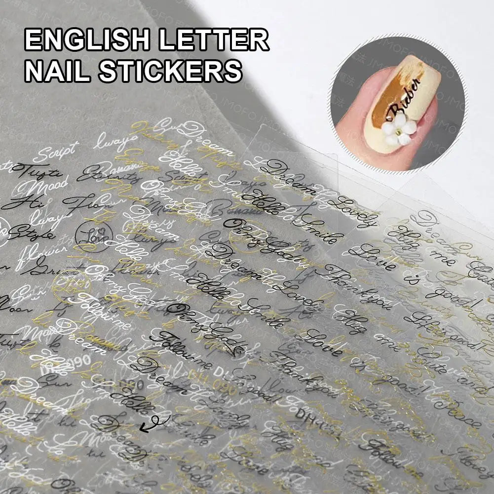 English Words Nail Art Stickers 3D Alphabet Decals DIY Metallic Gold Qme