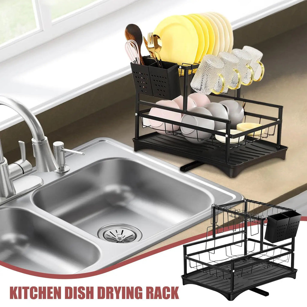 Kitchen Dish Drying Rack 2-Tier Plate Storage Pot Lid Drainer Qme