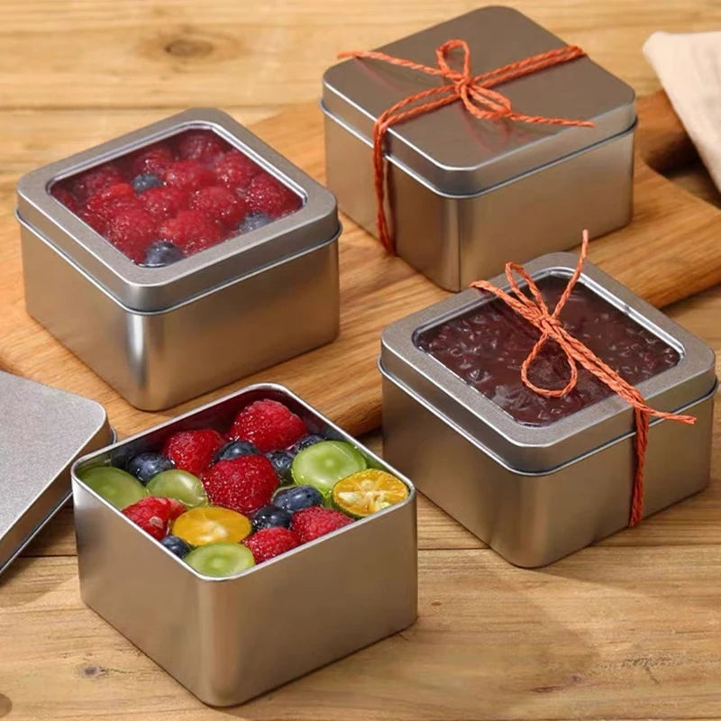 Round Square Tinplate Box Clear Window Iron Storage Box Tea Food Jar Candy Cake Boxes Jewelry Cream Cosmetic Container Empty Pot Qme