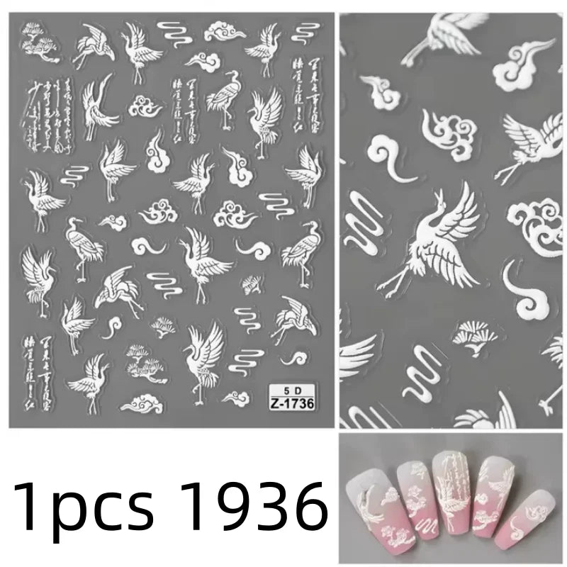 5D Flower Daisy Embossed Stickers Nail Sliders Decals White Florals