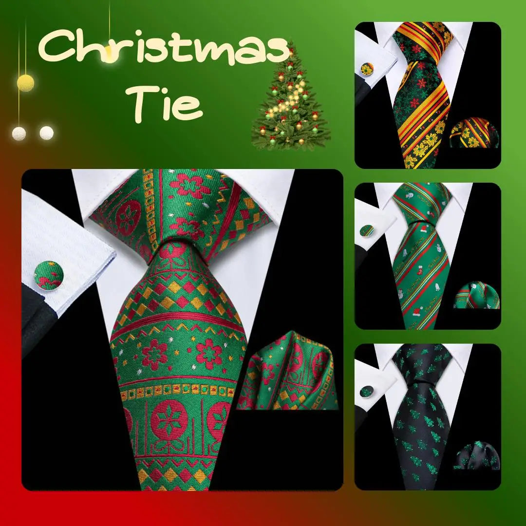 Christmas Green Tie Set 3 Pieces Men Necktie Pocket Square Cufflinks Xmas Wedding Party Suit Accessories Gifts for Dad Boyfriend Qme