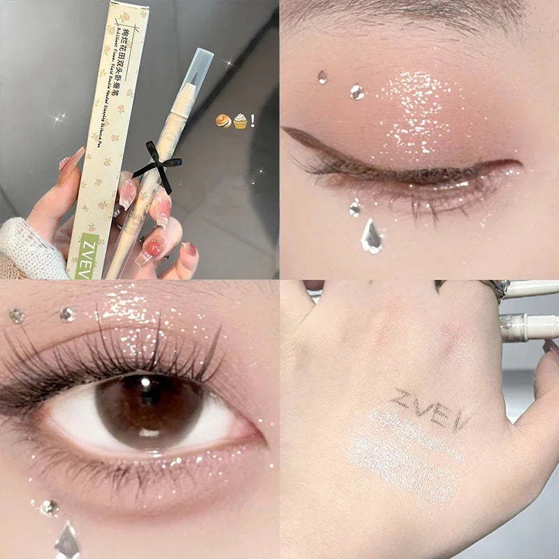 Double Head Matte Pearlescent Eyeliner Pen Highlighter Brightening Shadow Under Eyelid Liner Liquid Contour Lying Silkworm Pen Qme 03 Silver