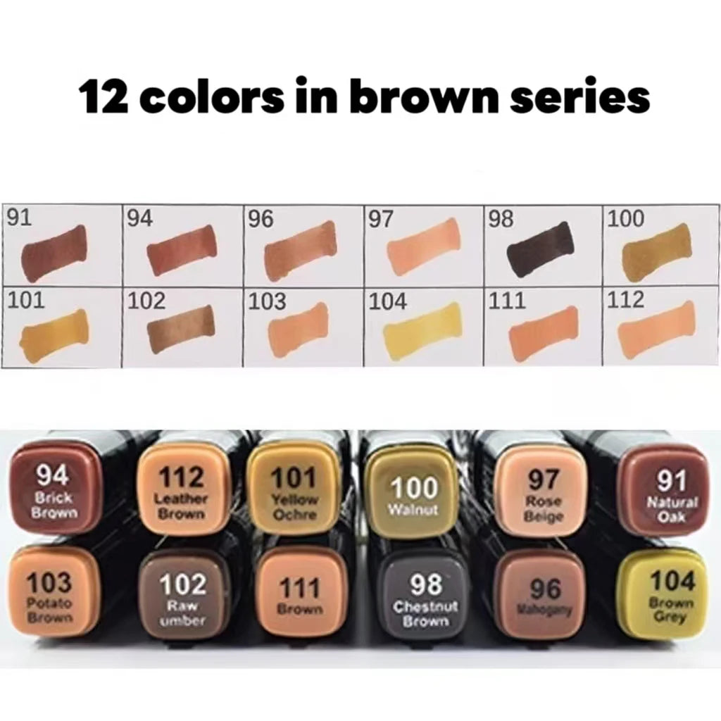 12 Pcs Oily Marker Pen Set Art Alcohol Based Markers Dual Tips Sketching Drawing Graffiti Manga School Art Supplies Qme Brown Series